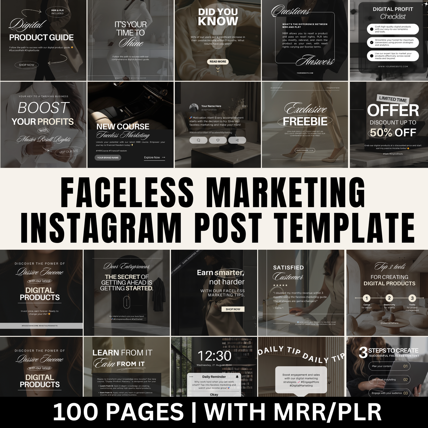 100 Faceless Marketing Instagram Post Templates with Master Resell Rights