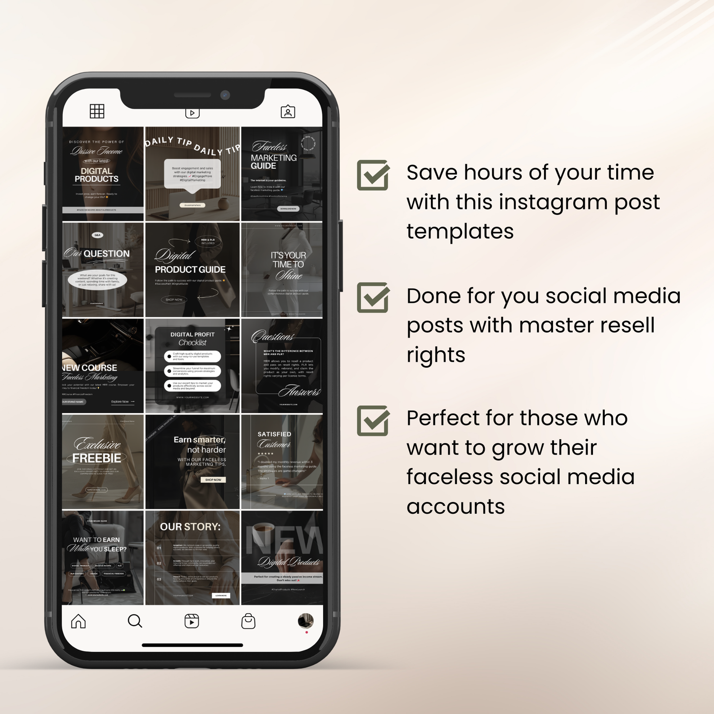 100 Faceless Marketing Instagram Post Templates with Master Resell Rights