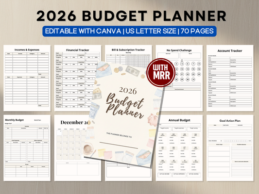 2026 Budget Planner (Editable in Canva with Master Resell Rights)