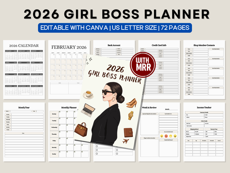 2026 Girl Boss Planner (Editable in Canva with Master Resell Rights)