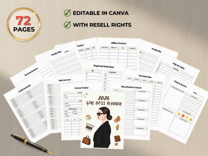 2026 Girl Boss Planner (Editable in Canva with Master Resell Rights)